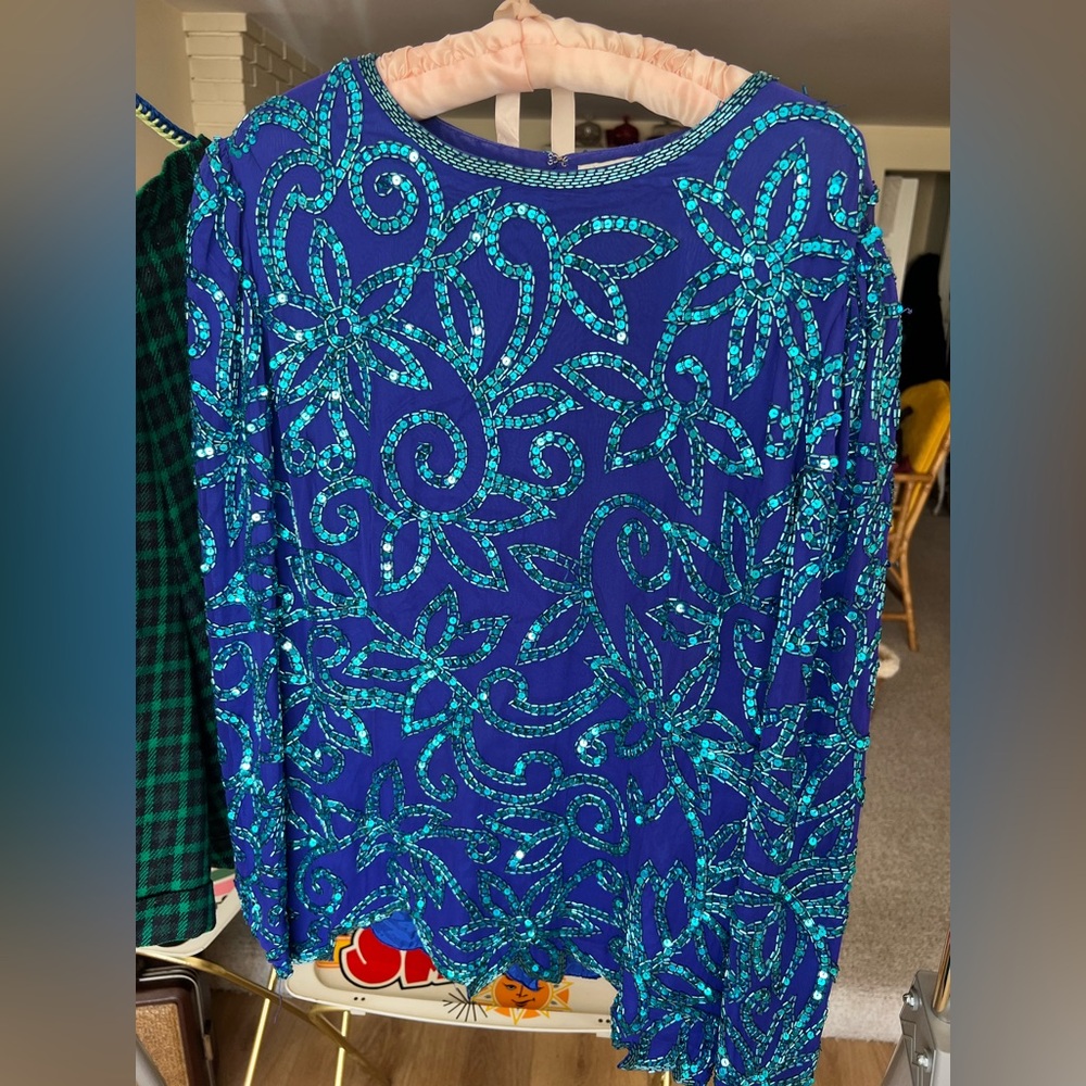 Vintage Blue on blue Sequins & beads Niteline Della Roufogali size 18 SPARKLY 💜